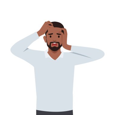 Genç adam el ele tutuşup ağzını açık tutarken hayrete düştü. Baş ağrısı ya da stres. Düz vektör çizimi beyaz arkaplanda izole edildi