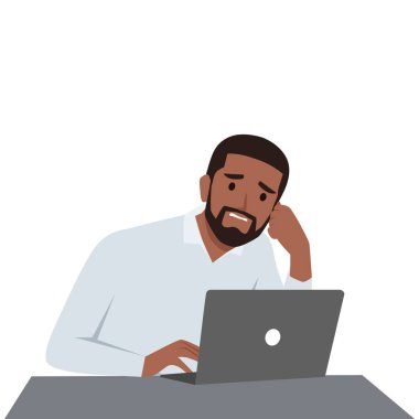 Genç adam masaüstünde yoruldu. Baş ağrısı ya da iş yerinde hastalık. Aşırı çalışma ve zorluklar. Düz vektör çizimi beyaz arkaplanda izole edildi