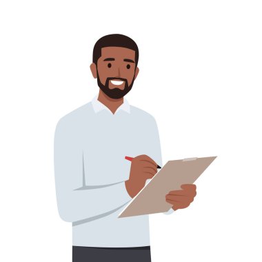 Genç adam not yazıyor, panoya yazıyor iş projesini geliştiriyor. Düz vektör çizimi beyaz arkaplanda izole edildi