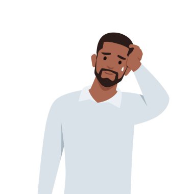 Genç siyahi bir adam hayal kırıklığına uğradı. Yüz makyajı yapan, utanç duyan bir adam. Elleri alnında pişman olan kişi başarısız olur. Düz vektör çizimi beyaz arkaplanda izole edildi