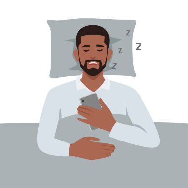 Genç adam yatakta horluyor, yüksek sesle horluyor ve derin bir uykuda telefonu tutuyor. Düz vektör çizimi beyaz arkaplanda izole edildi