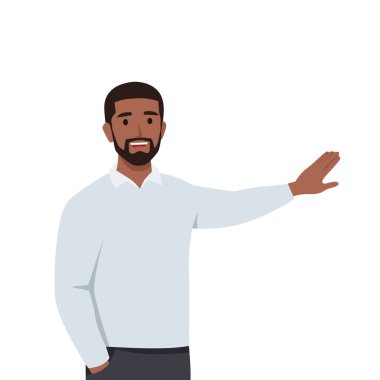 Genç siyahi iş adamı bir şey gösteriyor ya da proje sunuyor. Düz vektör çizimi beyaz arkaplanda izole edildi