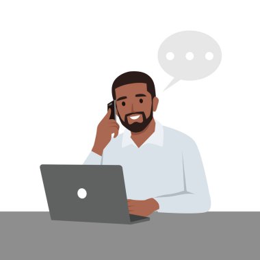 Genç adam şirket yöneticisi ofisteki ekip üyesine kısa bir telefon konuşması yapıyor. Düz vektör çizimi beyaz arkaplanda izole edildi