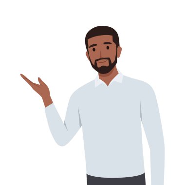 Genç adam ayakta durup gülümserken bir şey gösteriyor ya da sunuyor. Düz vektör çizimi beyaz arkaplanda izole edildi