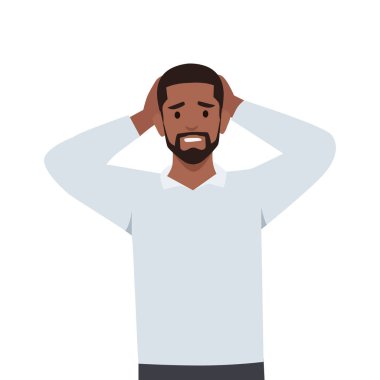 Genç adam panik atak ya da anksiyeteden dolayı endişeli hissediyor. Düz vektör çizimi beyaz arkaplanda izole edildi