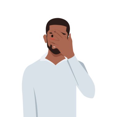 Genç adam facepalm jesti ile hayal kırıklığına uğradı, utandı. Düz vektör çizimi beyaz arkaplanda izole edildi