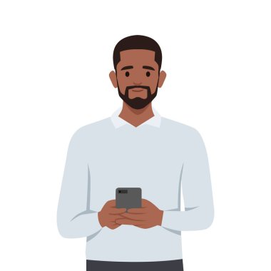 Genç sakallı siyah adam cep telefonu kullanıyor. Düz vektör çizimi beyaz arkaplanda izole edildi