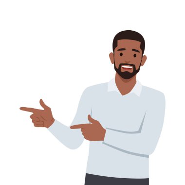 Genç adam kameraya bakıyor ve iki eliyle ve parmaklarıyla işaret ediyor. Düz vektör çizimi beyaz arkaplanda izole edildi