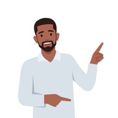 Genç adam el ele tutuşup bir şey gösteriyor ya da sunuyor. Düz vektör çizimi beyaz arkaplanda izole edildi