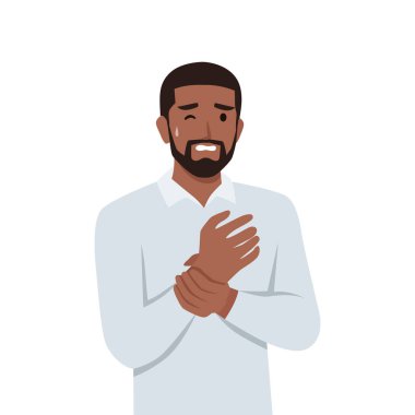 Genç adam bir elinde uyuşukluk hissediyor. Kas ya da kemik problemi. Bilek yaralanması. Düz vektör çizimi beyaz arkaplanda izole edildi