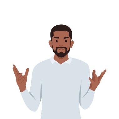 Genç adam kızgın ve yumruğunu kaldırmış bağırıyor ya da bağırıyordu. Düz vektör çizimi beyaz arkaplanda izole edildi