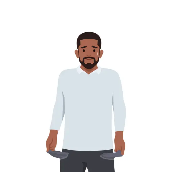 stock vector Young black man with No money. Man with pockets turned outward. Flat vector illustration isolated on white background