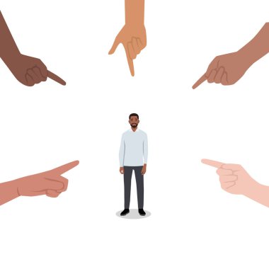 Young man Sad depressed, ashamed man surrounded by hands pointing him out with fingers. Flat vector illustration isolated on white background clipart