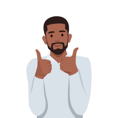 Genç siyahi adam iyi niyet göstergesi olarak baş parmağını kaldırır. Düz vektör çizimi beyaz arkaplanda izole edildi