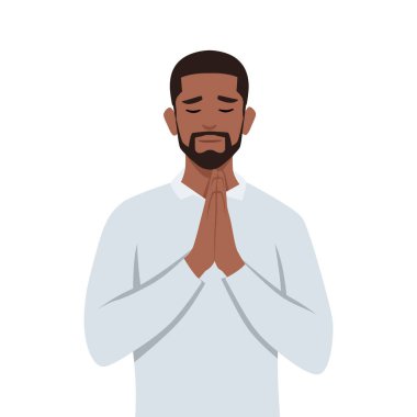 Genç siyahi adam el ele tutuşup dua ediyor. Düz vektör çizimi beyaz arkaplanda izole edildi