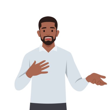 Genç siyahi adam ayakta duruyor ve el hareketleriyle suçlamaya çalışıyor. Düz vektör çizimi beyaz arkaplanda izole edildi