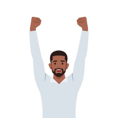 Başarı kutlamaları için elini kaldıran genç siyahi adam. Düz vektör çizimi beyaz arkaplanda izole edildi