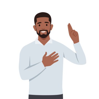 Genç siyahi adam ellerini göğsüne koyuyor. Gülümseyen dost canlısı adam, şükranlarını barış işaretiyle ifade ediyor. Düz vektör çizimi beyaz arkaplanda izole edildi