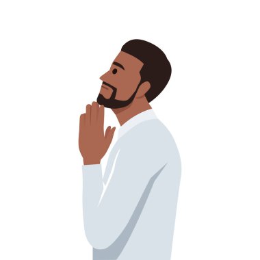 Yüzünde umut ifadesi olan genç bir adam ellerini birleştirip yalvarıyor ve dua ediyor. Düz vektör çizimi beyaz arkaplanda izole edildi