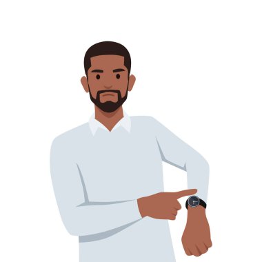 Tatminsiz siyahi adam iş başında. Acele et! Son teslim tarihi. Düz vektör beyaz arkaplanda izole edildi