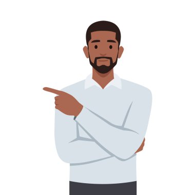 Genç siyahi adam kameraya bakıyor ve iki eliyle ve parmaklarıyla işaret ediyor. Düz vektör çizimi beyaz arkaplanda izole edildi