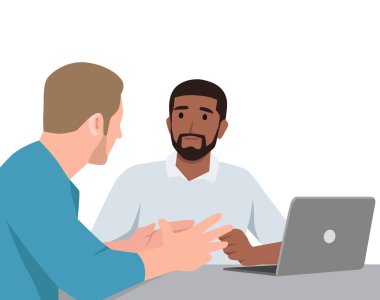 Ofis çalışanları iletişim kuruyor. İş projesinde birlikte çalışan çalışanlar. Düz vektör çizimi beyaz arkaplanda izole edildi