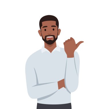 İşadamı sağ ve sol üst köşeyi gösteriyor ve işaret ediyor. Düz vektör çizimi beyaz arkaplanda izole edildi