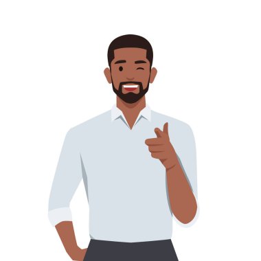 Kendine güvenen siyah adam kamerayı işaret ediyor. Düz vektör çizimi beyaz arkaplanda izole edildi