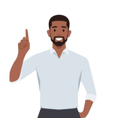 Mutlu genç iş adamı işaret ediyor. Ampul fikri temsil ediyor. Düz vektör çizimi beyaz arkaplanda izole edildi