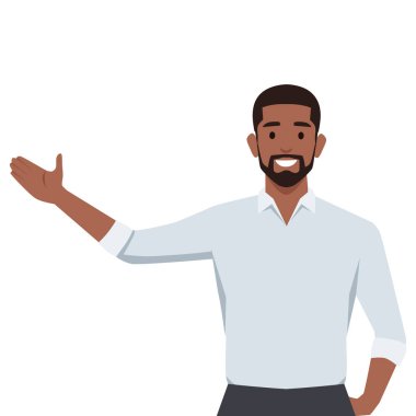 Mutlu adam bir şeye işaret ediyor. Düz vektör çizimi beyaz arkaplanda izole edildi