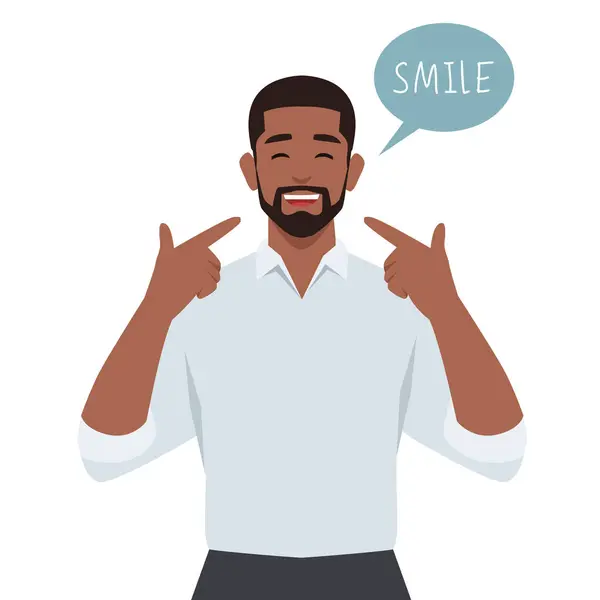 Young Man Giving Smile Using His Hand Pointing His Mouth — Vector de stock