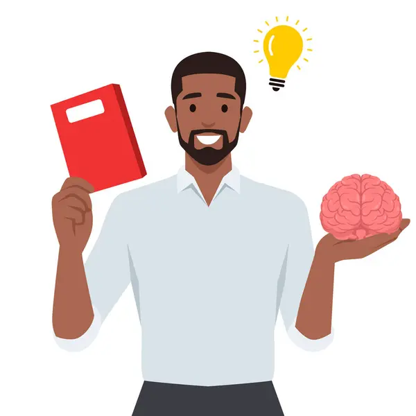 Young Man Holding Brain While Studying School Idea Thinking Flat — Vector de stock