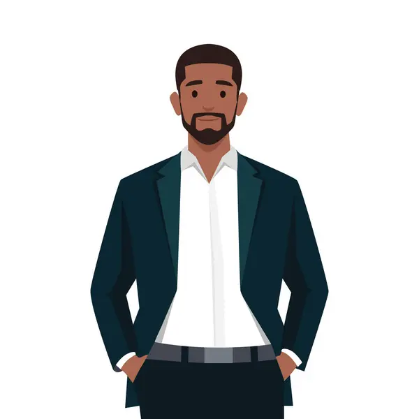 Businessman Standing Hands Pockets Flat Vector Illustration Isolated White Background — Vector de stock
