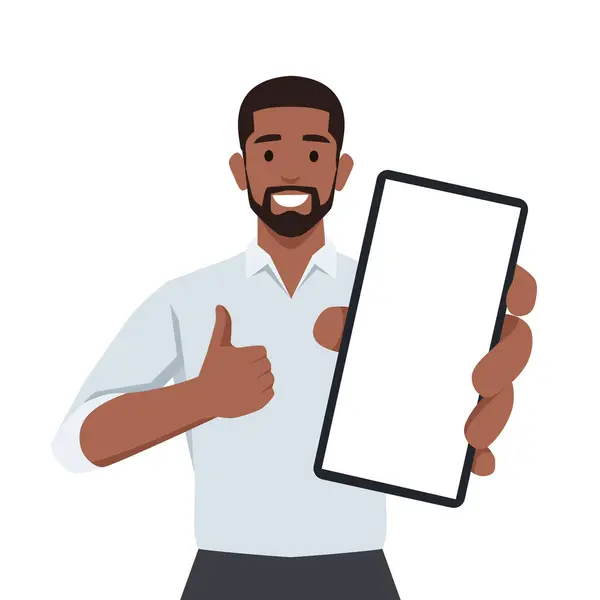 Young Man Showing Smartphone Showing Thumbs Sign Mobile Phone Technology — Stock Vector