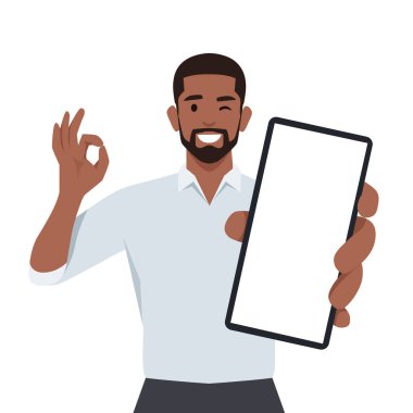 Mutlu genç adam akıllı telefon gösteriyor ve tamam, tamam işareti gösteriyor. Düz vektör çizimi beyaz arkaplanda izole edildi