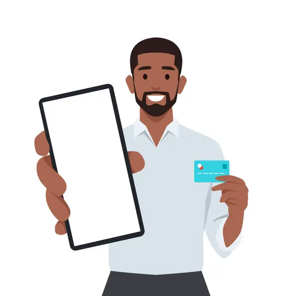 Young Businessman Showing Holding New Digital Smartphone Credit Card Flat — स्टॉक वेक्टर