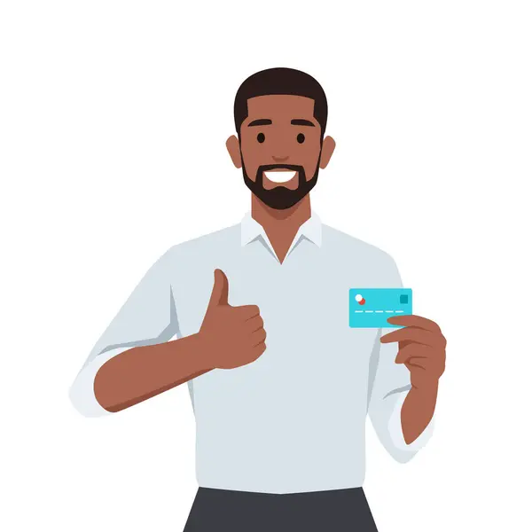 Young Black Businessman Showing Credit Debit Atm Card Making Thumb — Stockvektor