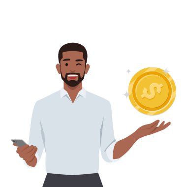 Dijital para tutan ve telefonu elinde tutan adam. Düz vektör çizimi beyaz arkaplanda izole edildi