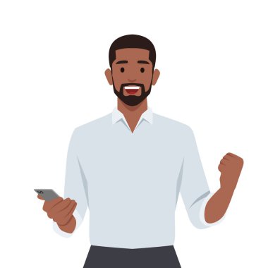 Akıllı telefonu tutan genç adam mutlu bir ifadeyle şaşırdı. Düz vektör çizimi beyaz arkaplanda izole edildi