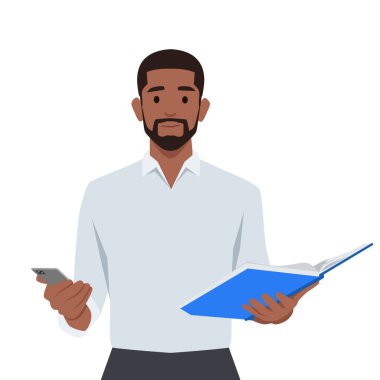 Erkek öğretmenin elinde cep telefonu dersi var. Düz vektör çizimi beyaz arkaplanda izole edildi