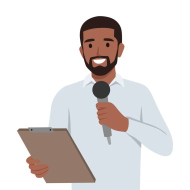 Genç adam elinde bir not panosuyla röportaj yapan bir gazeteci. Düz vektör çizimi beyaz arkaplanda izole edildi