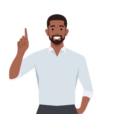 Mutlu genç iş adamı işaret ediyor. Ampul fikri temsil ediyor. Düz vektör çizimi beyaz arkaplanda izole edildi