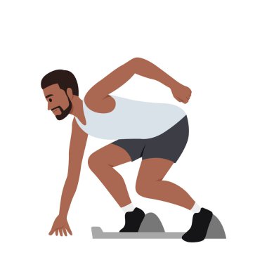 Genç siyah adam koşmaya hazır. Düz vektör çizimi beyaz arkaplanda izole edildi