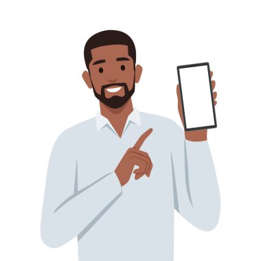 Yelek giymiş genç bir işadamı boş cep telefonunu gösteriyor. Düz vektör çizimi beyaz arkaplanda izole edildi