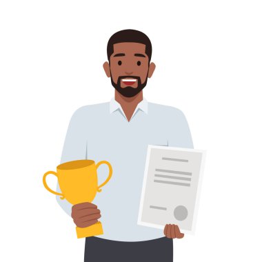 Başarılı bir iş adamı kupayı elinde tutuyor ve ödül sertifikasını gösteriyor. Düz vektör çizimi beyaz arkaplanda izole edildi