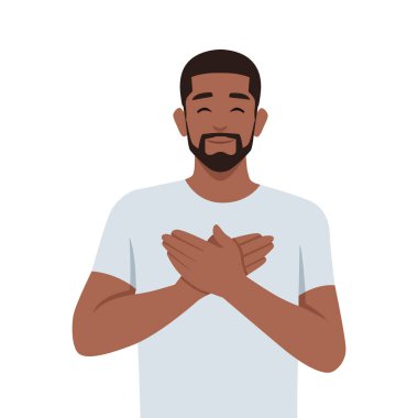 Genç adam olumlu bir şekilde ellerini göğsüne koydu. Minnettarlığını ifade etti. Düz vektör çizimi beyaz arkaplanda izole edildi