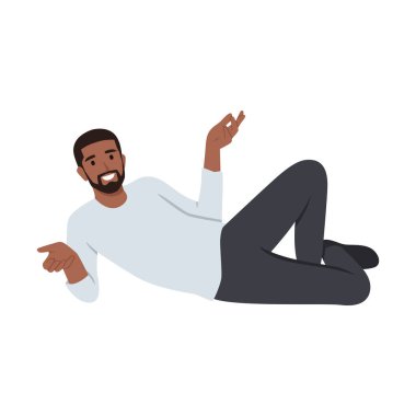 Sakin ol genç siyah adam yerde yatıyor. Düz vektör çizimi beyaz arkaplanda izole edildi