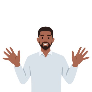 Genç adam, sıradan kıyafetlerle yapılmış düz vektör çizimlerini selamlıyor. Merhaba de. Düz vektör çizimi beyaz arkaplanda izole edildi