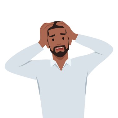 Şaşırmış / şaşırmış genç iş adamı el ele tutuşuyor ve ağzını açık tutuyor. Baş ağrısı ya da stres. İnsan duyguları, yüz ifadeleri. Düz vektör çizimi beyaz arkaplanda izole edildi