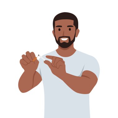 Sigara içen genç adam sigarayı önlemek için sigara tutuyor ve kesiyor. Düz vektör çizimi beyaz arkaplanda izole edildi